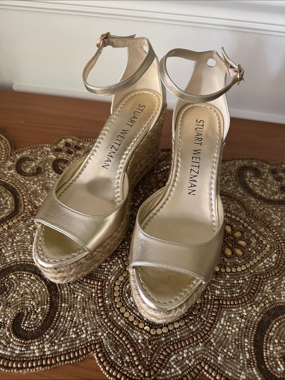 Stuart Weitzman Metallic Gold Jute Espadrille Wedge Sandals